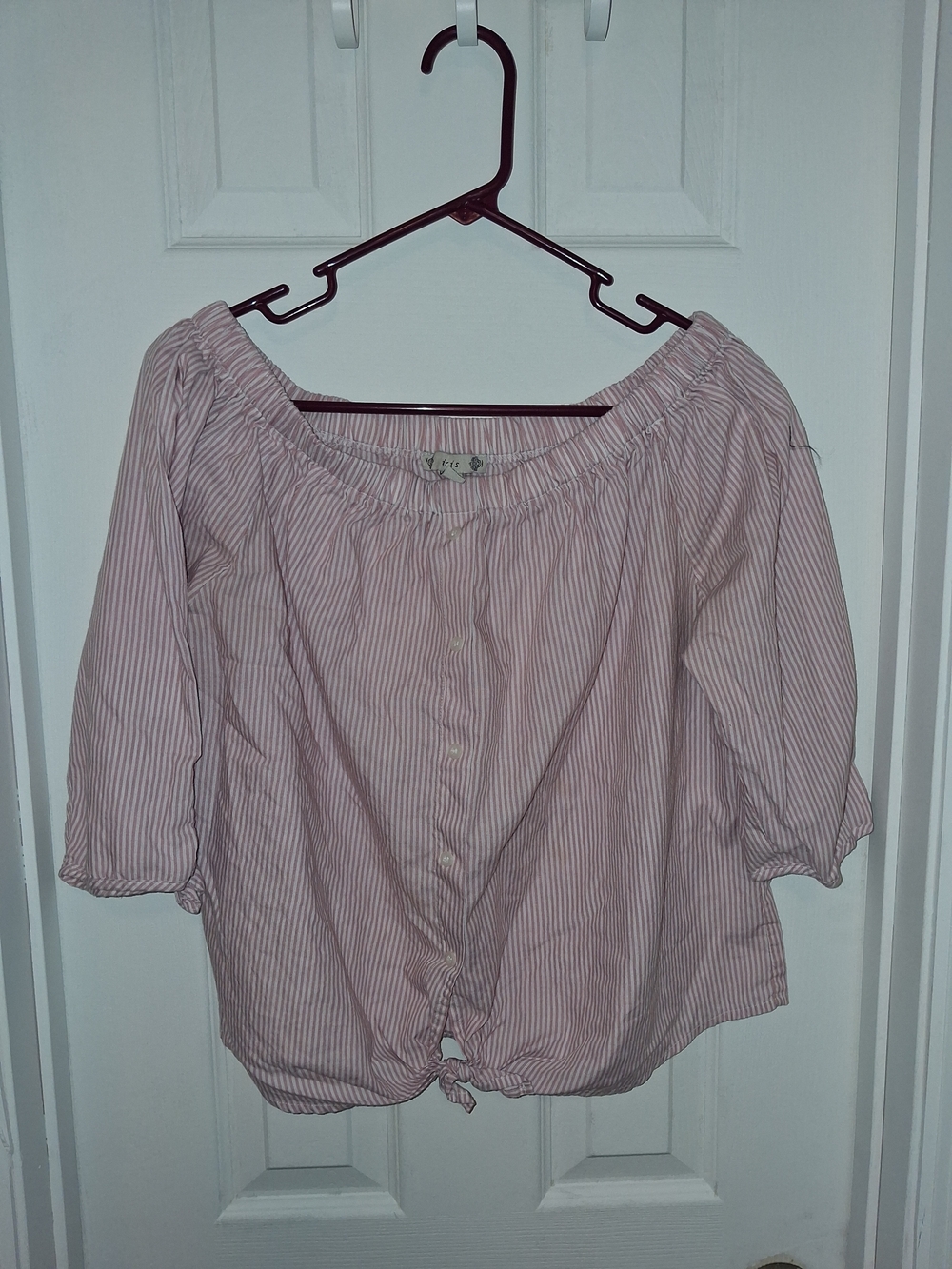 iris Pink & White Striped Off-Shoulder Button Tie Hem Blouse